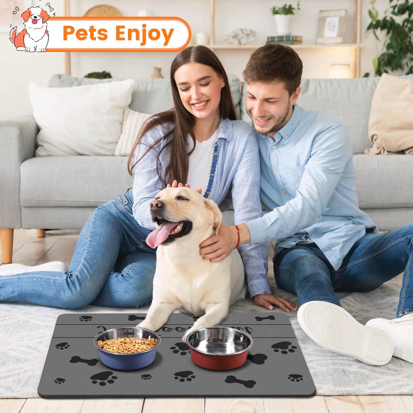 Ultimate Pet Feeding Mat - Waterproof and Absorbent Food & Water Bowl Mat for Dogs and Cats (20"x12", Fun Bones Design)