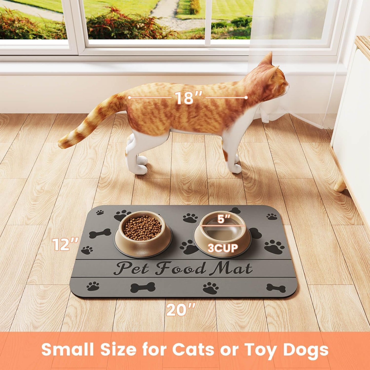 Ultimate Pet Feeding Mat - Waterproof and Absorbent Food & Water Bowl Mat for Dogs and Cats (20"x12", Fun Bones Design)