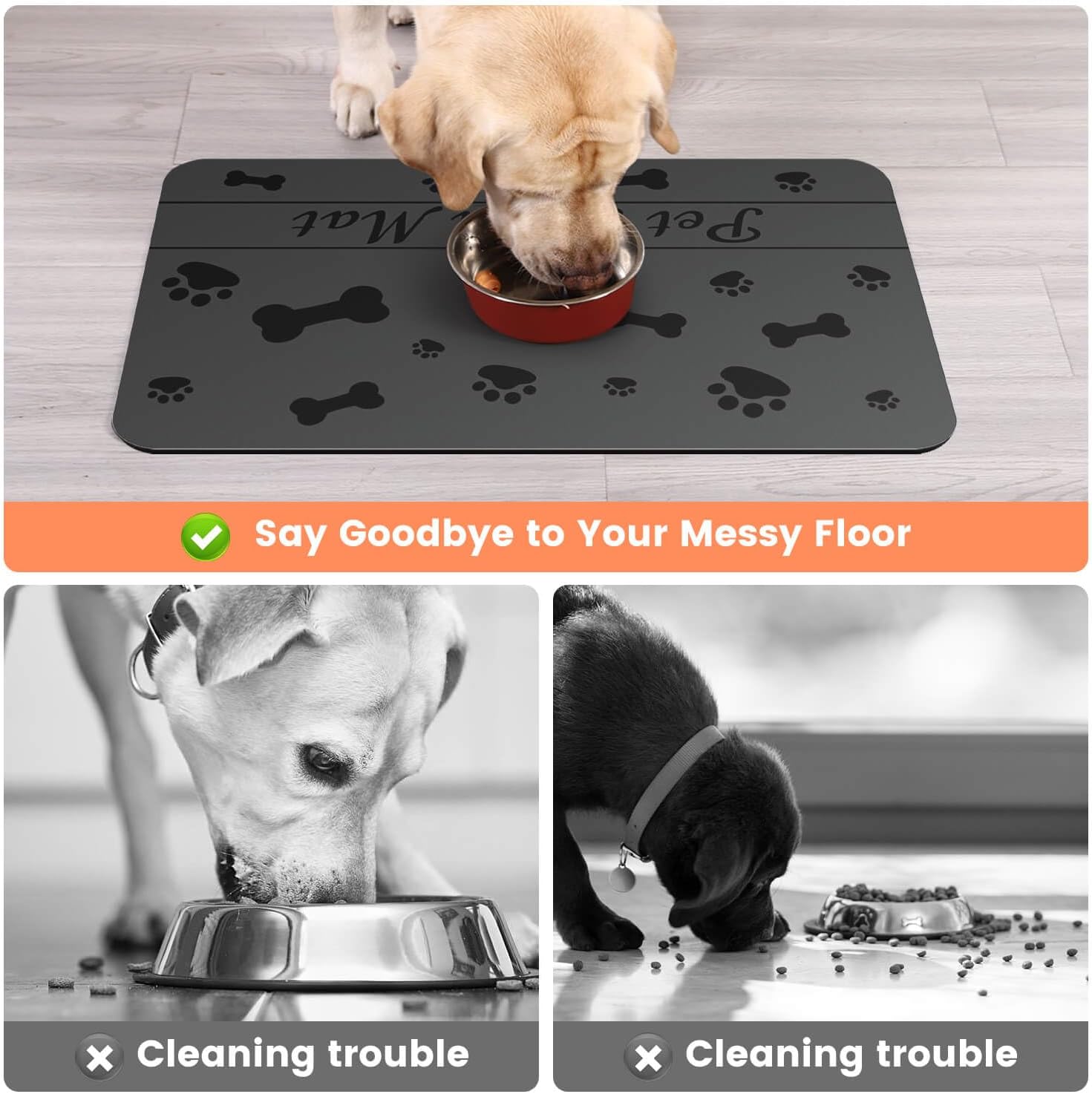 Ultimate Pet Feeding Mat - Waterproof and Absorbent Food & Water Bowl Mat for Dogs and Cats (20"x12", Fun Bones Design)