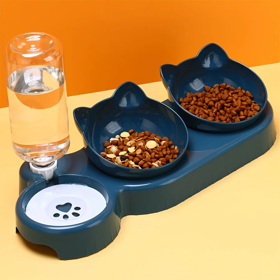 Revolutionary 3-in-1 Ear Design Cat Bowl Set with Gravity Water Feeder for Ultimate Neck Protection