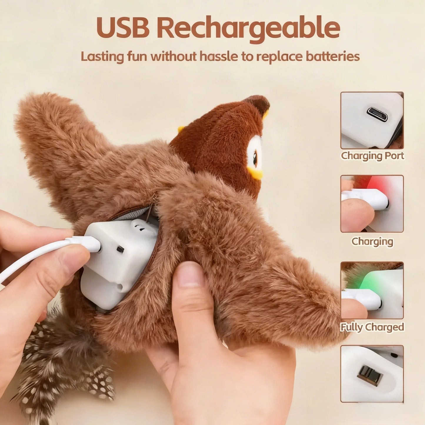 Hot Simulated Bird Cat Toy Interactive Toys Dog Rechargeable Chirping Flapping Bird(No Flying) Touch Activated Plush Toy Pet