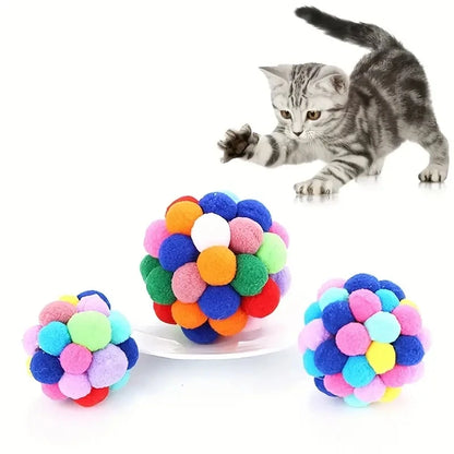 Exciting 1/3PCS Colorful Cat Plush Ball Toy Set - Elastic Bell Ball & Woolen Fun for Your Feline Friends!