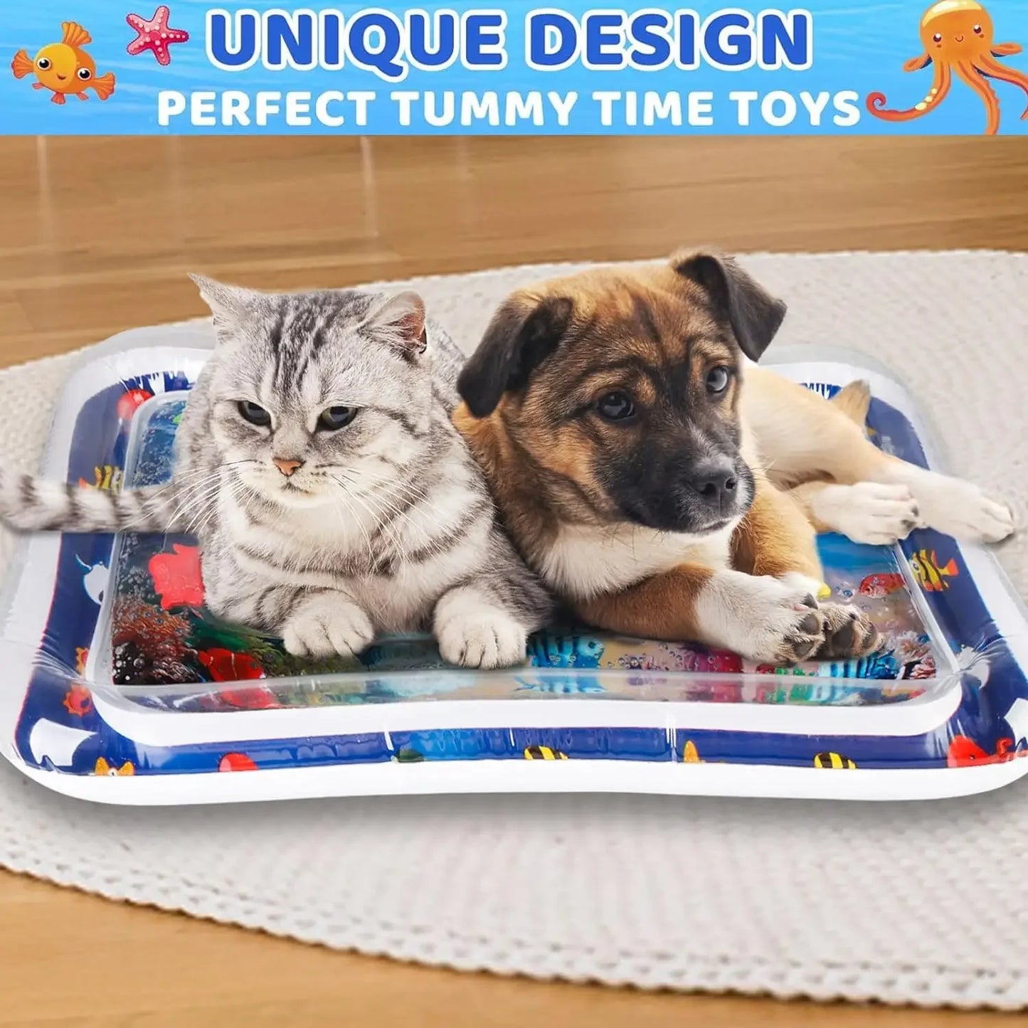 Water Sensory Play Mat Thickened Inflatable Water Mat for Cat and Dog Pet Playmat with Fish Sea Ocean Theme Sensory Toy Water